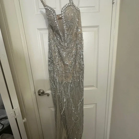 Elegant Silver Embellished Evening Dress - Picture 4 of 7